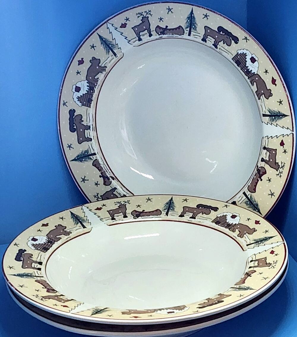 READ DESC. ~ 2 Meiwa Ginger Creek Northwoods Moose Cabin Soup Bowl 8 3/4" wide